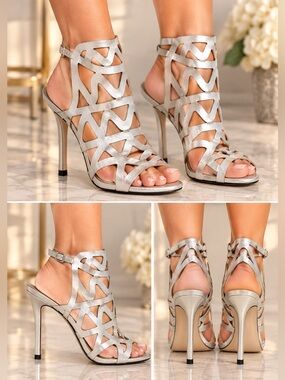 Vince Camuto Prisintha Silver Metallic Geometric Caged Heels 7.5M